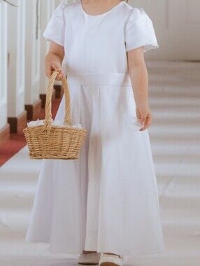 White Girls 8 Long Puff Sleeve Dress Satin Flower Girl Classic Simple Bow Formal